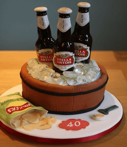 Hình ảnh chiếc bánh sinh nhật với chai bia và snack bim bim dành cho những đấng mày râu