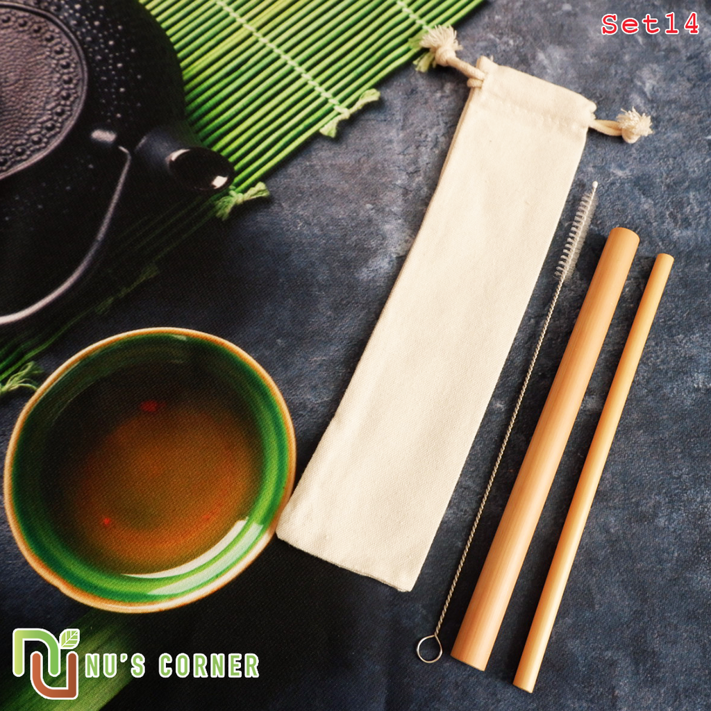 SET 14 - Set 2 ống hút tre (Lớn + Nhỏ), 1 cọ, 1 túi vải Ống hút tre an toàn và dễ rửa