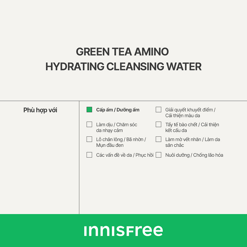 Nước Tẩy Trang Cho Da Dầu Mụn Innisfree Green Tea Amino Hydrating Cleansing Water 320ml
