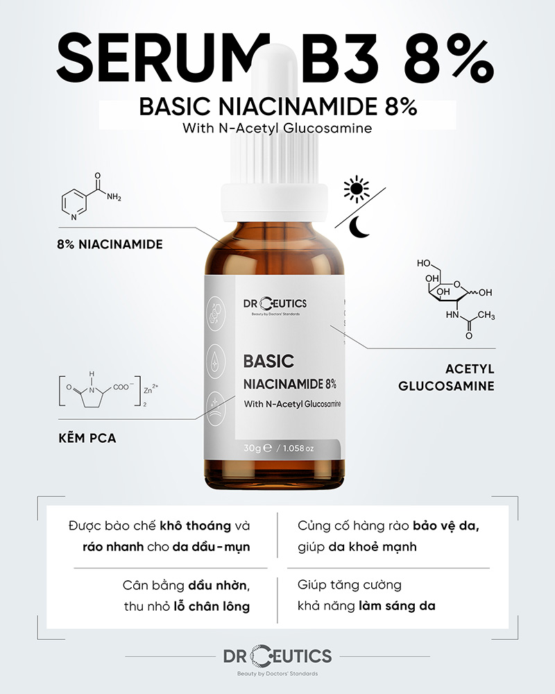Serum DrCeutics Giảm Thâm, Sáng Da & Kiềm Dầu DrCeutics Basic Niacinamide 8% - size 30g