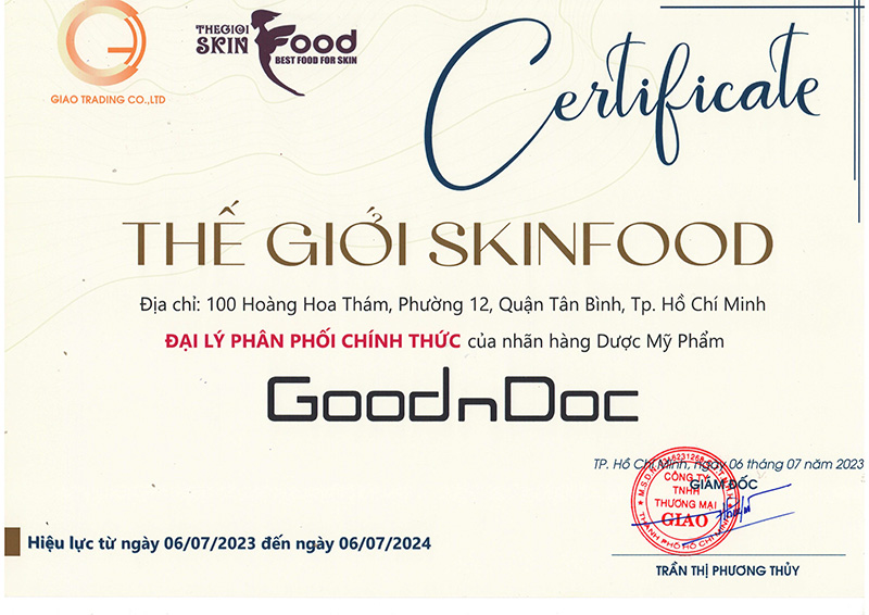 Giấy chứng nhận Thế giới Skinfood là đại lý phân phối chính thức thương hiệu GoodnDoc tại Việt Nam