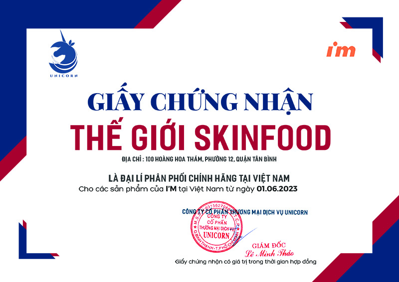 Giấy chứng nhận Thế giới Skinfood là đại lý phân phối chính thức thương hiệu I'm tại Việt Nam