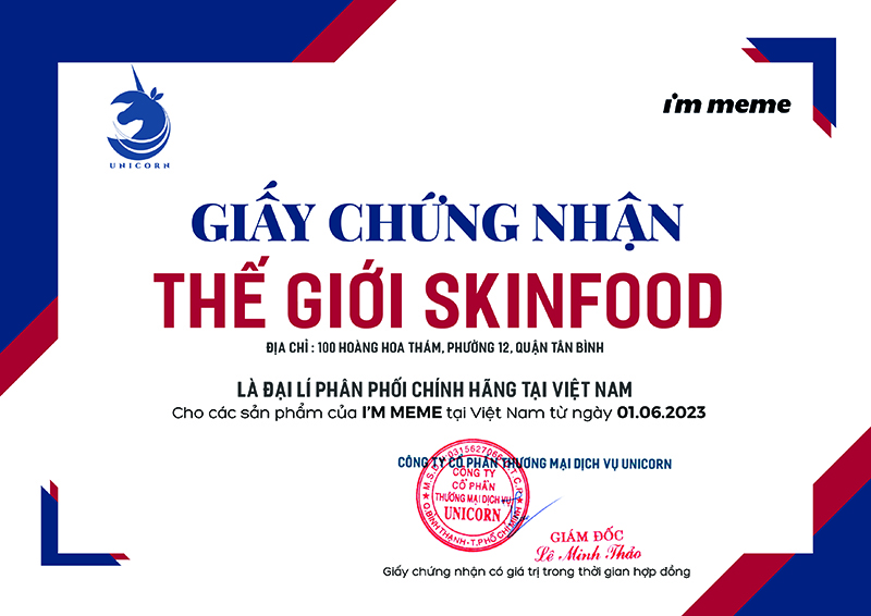 Giấy chứng nhận Thế giới Skinfood là đại lý phân phối chính thức thương hiệu I'm Meme tại Việt Nam