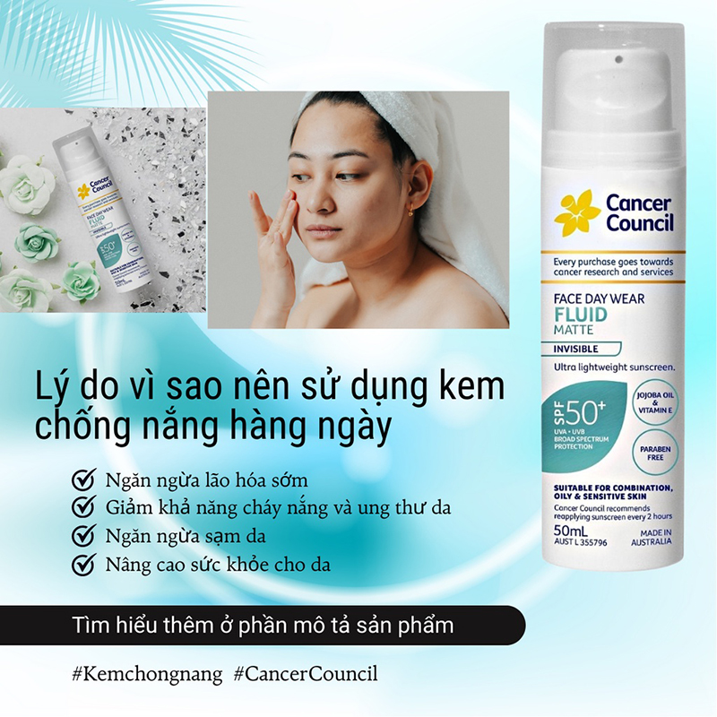 Kem Chống Nắng Lành Tính, Dành Cho Da Nhạy Cảm & Treatment Cancer Council Face Day Wear Fluid Matte SPF50+