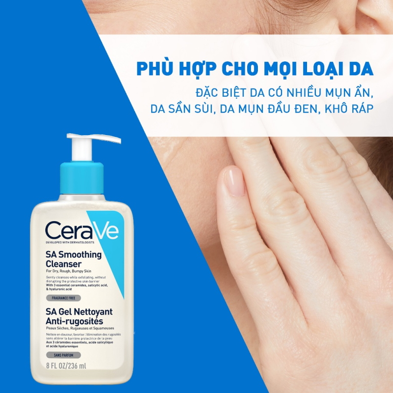Sữa Rửa Mặt Làm Sạch Sâu Cho Da Mụn, Tẩy Da Chết Dịu Nhẹ Cerave Developed With Dermatologists SA Smoothing Cleanser