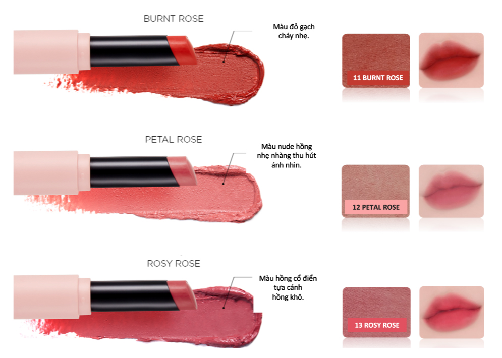 bảng màu Son Thỏi Lì Mịn FMGT THEFACESHOP ROSY NUDE INK SHEER MATTE LIPSTICK