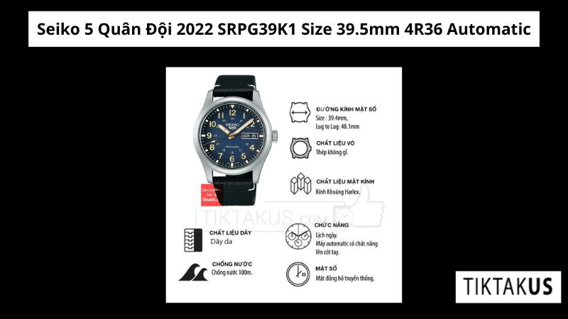 Seiko 5 Quân Đội 2022 SRPG39K1 Size 39.5mm 4R36 Automatic