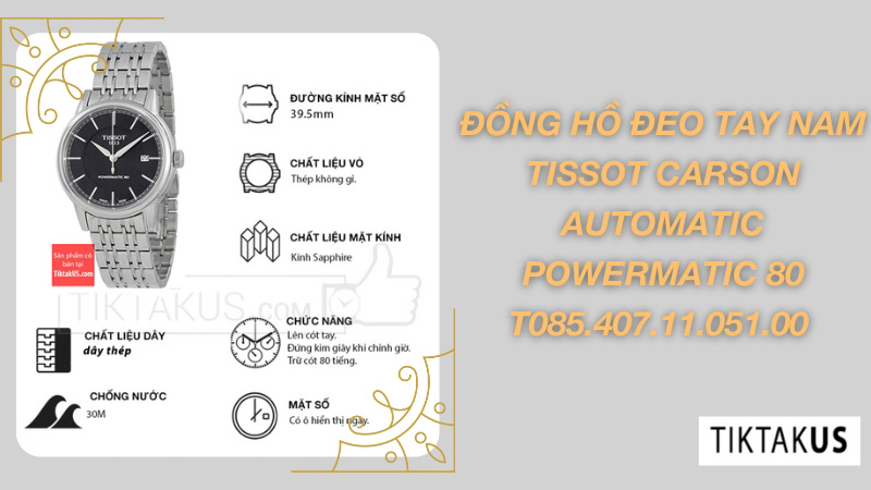 Tissot Carson Powermatic 80 được thiết kế để chịu đựng được áp lực nước lên đến 50 mét