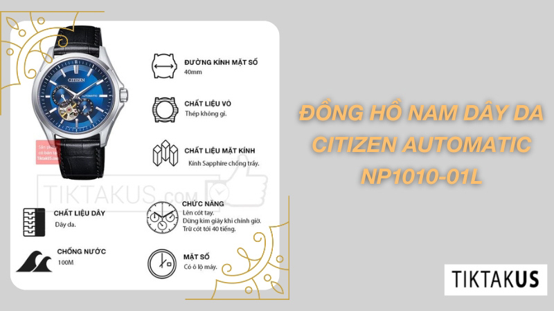 Citizen Automatic NP1010-01L cũng sở hữu chức năng lịch ngày được hiển thị tại vị trí 3 giờ