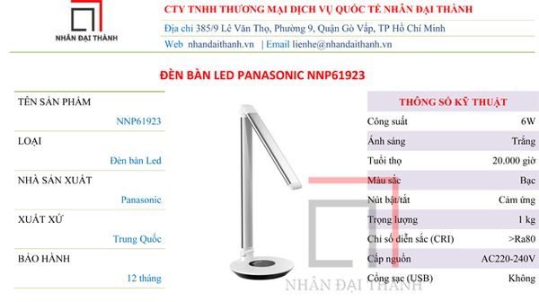 Thông số kỹ thuật của Đèn bàn Led Panasonic NNP61923