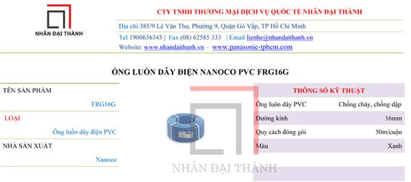 Thông số kỹ thuật của Ống luồn dây điện Nanoco PVC FRG16G