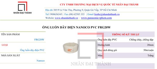 Thông số kỹ thuật của Ống luồn dây điện Nanoco PVC FRG20W
