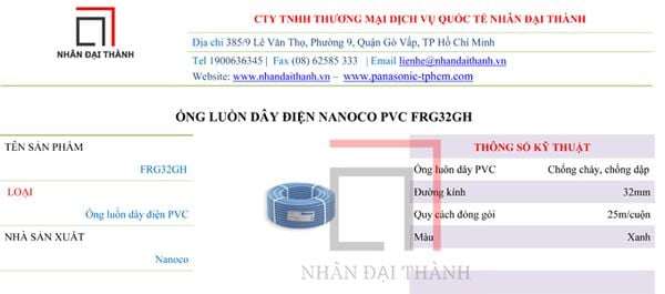 Thông số kỹ thuật của Ống luồn dây điện Nanoco PVC FRG32GH