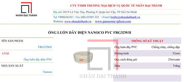 Thông số kỹ thuật của Ống luồn dây điện Nanoco PVC FRG32WH