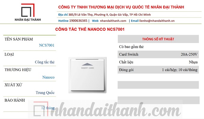 Thông số kỹ thuật Công tắc thẻ Nanoco NCS7001