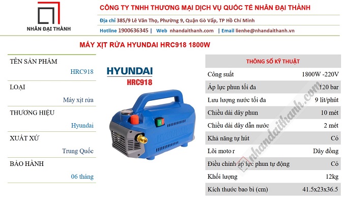 Thông số kĩ thuật Máy xịt rửa Hyundai HRC918