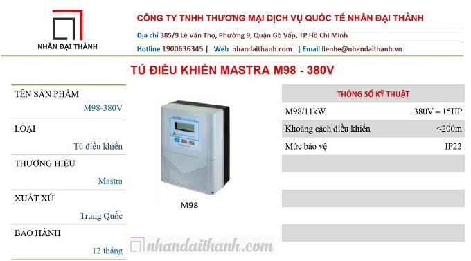 Thông số kĩ thuật Tủ điện điều khiển bơm Mastra M98 - 380V