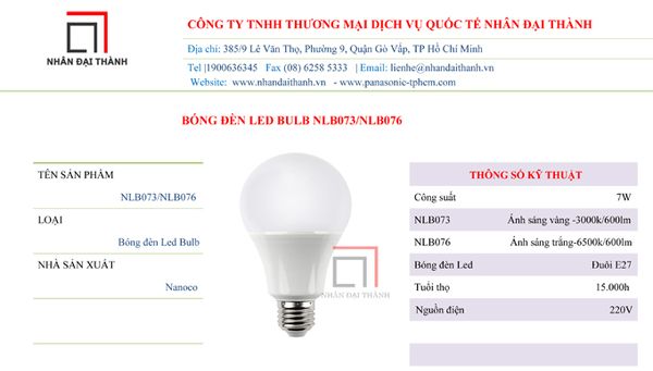 * Thông số kỹ thuật của bóng đèn Led Buld NLB073/NLB076