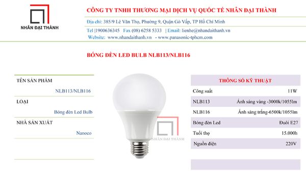 * Thông số kỹ thuật của bóng đèn Led Buld NLB113/NLB116