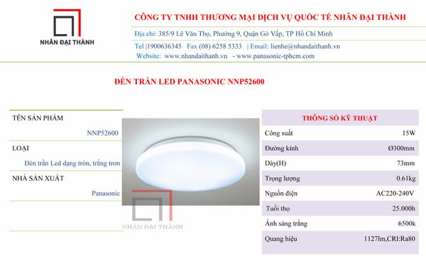 * Thông số kỹ thuật của đèn trần Led 15W Panasonic NNP52600
