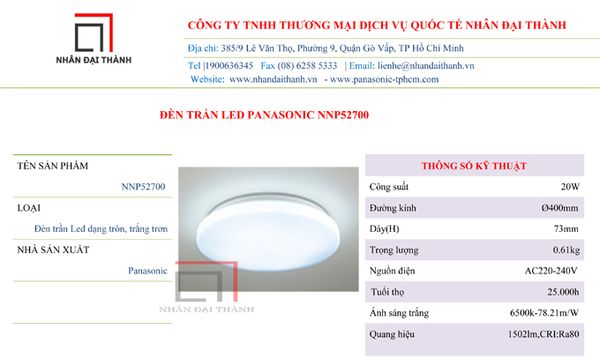 * Thông số kỹ thuật của đèn trần Led 15W Panasonic NNP52700
