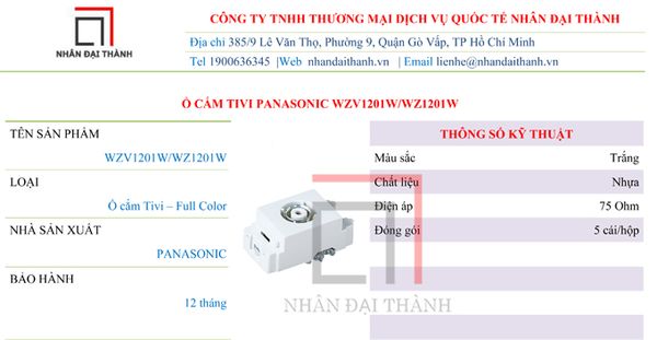 Thông số kỹ thuật của Ổ cắm TV Panasonic WZV1201W/WZ1201W