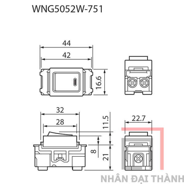 Kích thước của Công tắc C 2 chiều có đèn báo Panasonic WNG5052W-751