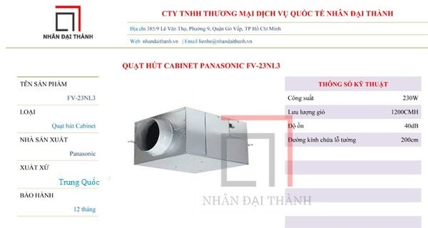Thông số kỹ thuật của Quạt hút Cabinet Panasonic FV-23NL3: