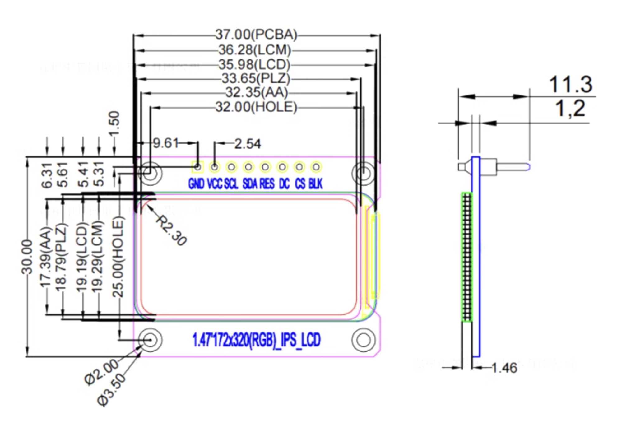 Màn hình LCD TFT IPS 1.47 Inch Rounded Corners ST7789V3 SPI Interface
