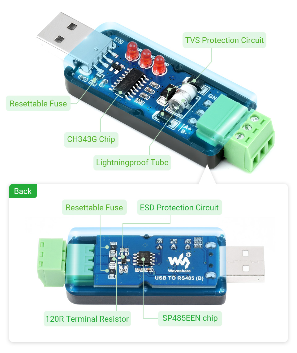 Bộ chuyển Waveshare Industrial USB TO RS485 Bidirectional Converter, Onboard original CH343G, Multi-Protection Circuits