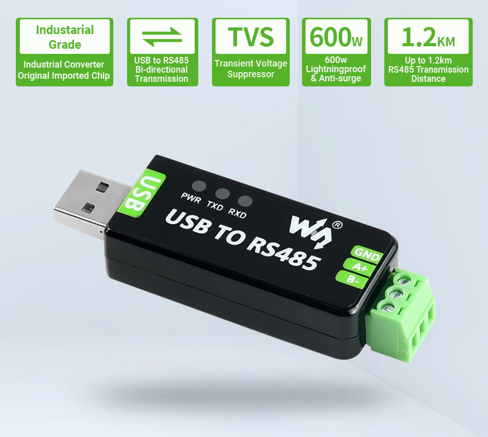 Bộ chuyển Waveshare Industrial USB to RS485 Converter, Onboard original FT232RL