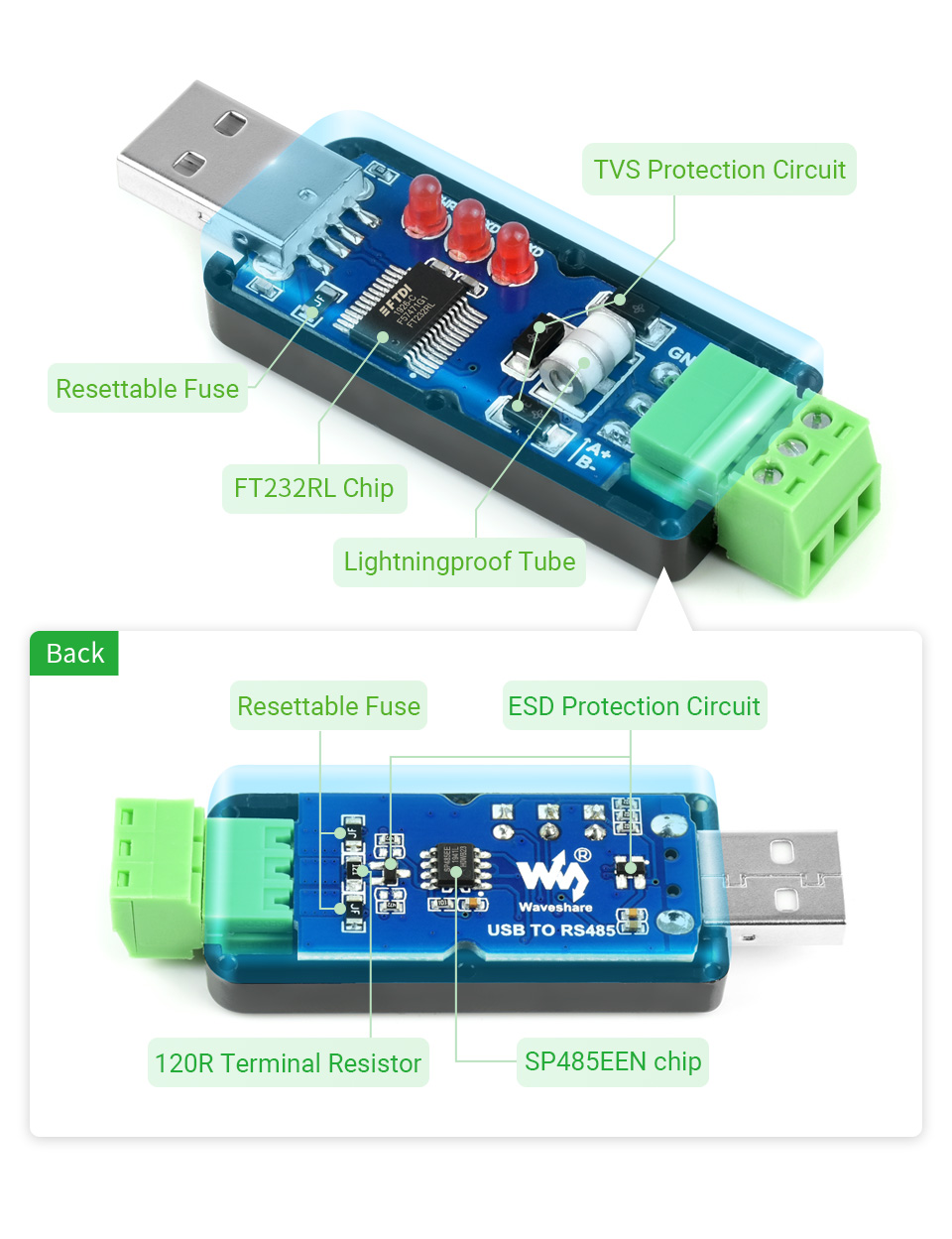 Bộ chuyển Waveshare Industrial USB to RS485 Converter, Onboard original FT232RL