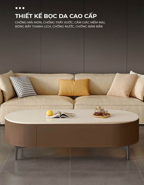 Bàn trà sofa TC bọc da chân sắt vân đá
