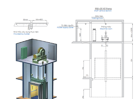 Bản vẽ thiết kế thang máy 350 kg loại 3 tầng