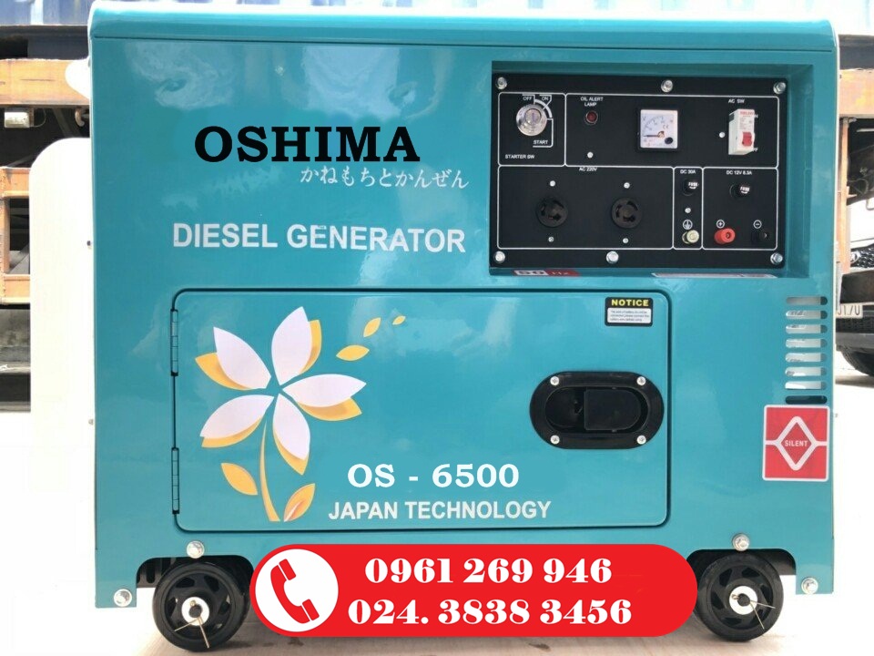 Máy phát điện Oshima OS 6500 công suất 5kva, dầu diesel, đề nổ, vỏ chống ồn giá siêu tốt