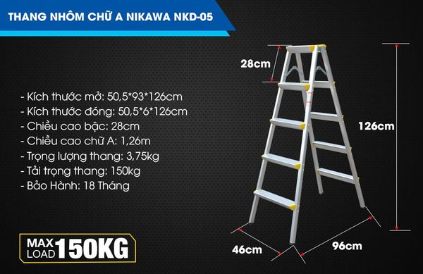 chiều cao Thang nhôm chữ A Nikawa NKD-05