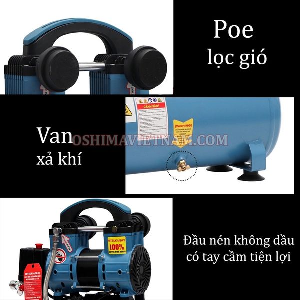 Cấu tạo của máy nén khí không dầu Mitsukaisho 12-1.5 1.5HP Xanh dương Điện 1 pha