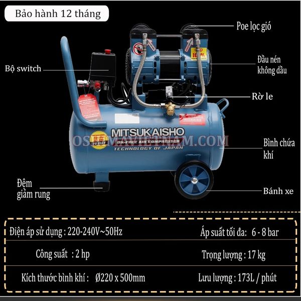 Thông số của máy nén khí không dầu Mitsukaisho 24-2.0 2.0HP Xanh dương Điện 1 pha