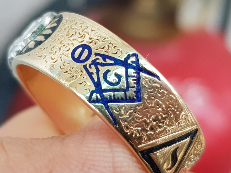 nhẫn mỹ xưa Masonic vàng 14k đính kim cương thiên nhiên