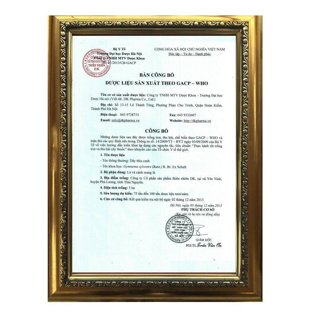 VÙNG TRỒNG DÂY THÌA CANH DK ĐẠT CHUẨN GACP-WHO CỦA TỔ CHỨC Y TẾ THẾ GIỚI