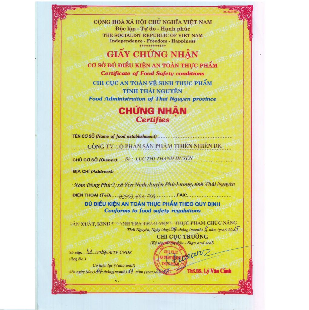 CÔNG TY DKNATURA ĐẠT TIÊU CHUẨN VỆ SINH AN TOÀN THỰC PHẨM