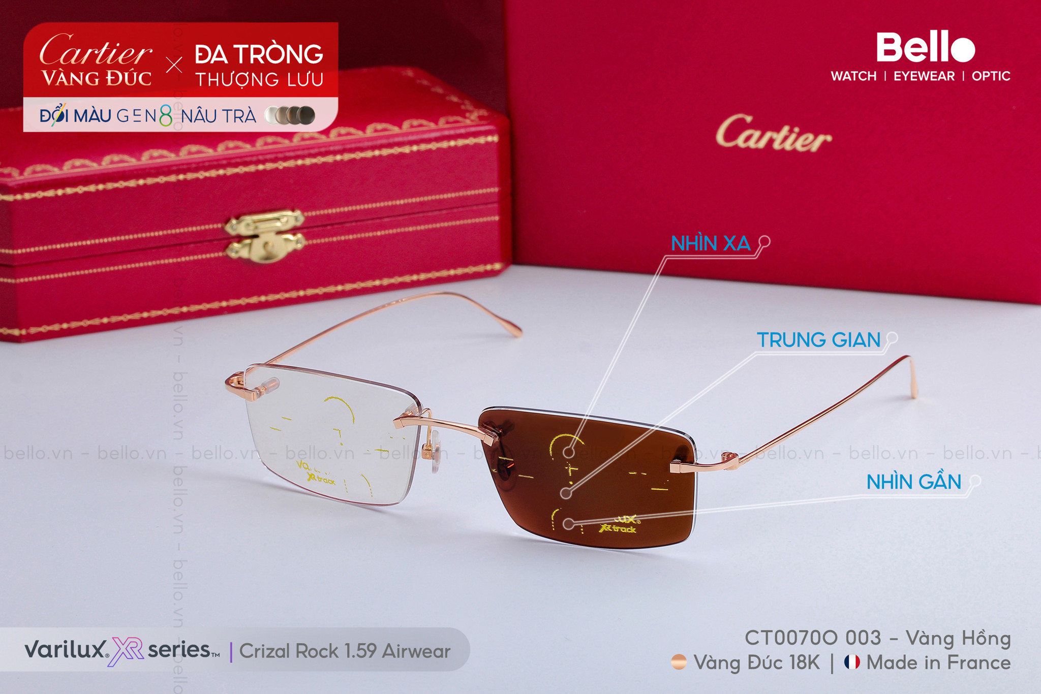 Kính Cartier vàng đúc 18K lắp đa tròng đổi màu Essilor Varilux XR Series