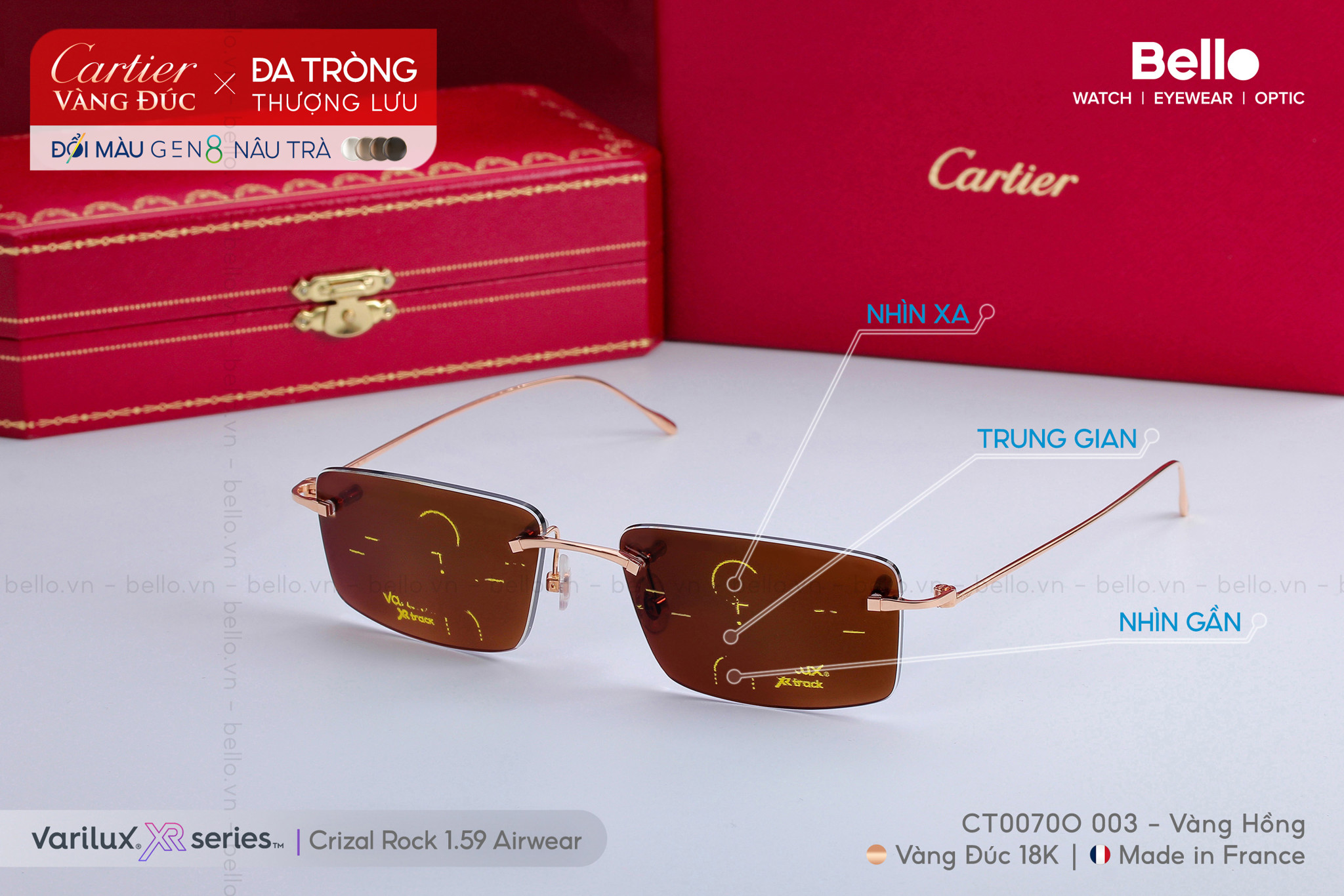 Kính Cartier vàng đúc 18K lắp đa tròng đổi màu Essilor Varilux XR Series