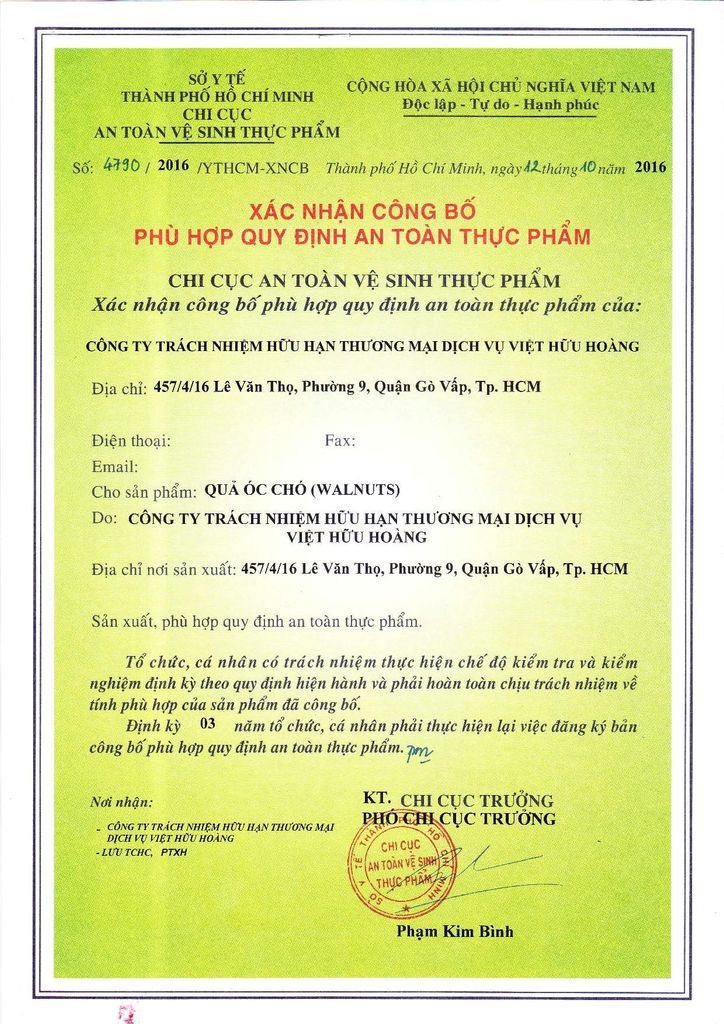 Giấy Công bố phù hợp vệ sinh an toàn thực phẩm óc chó