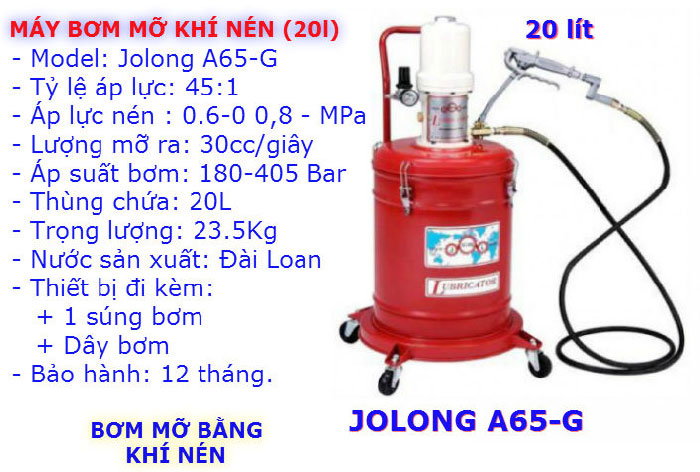 Thông số máy bơm mỡ khí nén jolong a65-g