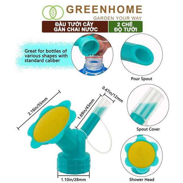 Đầu vòi tưới cây gắn chai nước, 2 chế độ tưới tiện lợi, có nắp đậy, màu sắc ngẫu nhiên |Greenhome