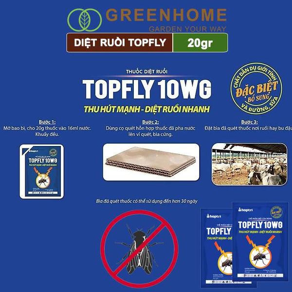 Thuốc diệt ruồi Topfly 10wg Greenhome, gói 20gr, thu hút manh, diệt ruồi nhanh, hiệu quả, an toàn, tiết kiệm