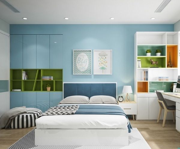 Phòng ngủ hiện đại với màu xanh ngọc và đường kẻ sọc độc đáo.