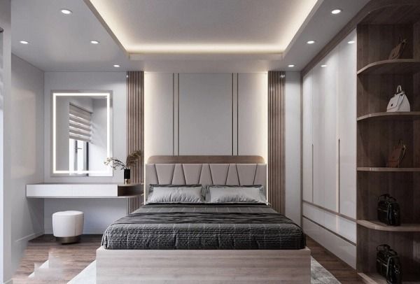 Phòng ngủ với tông màu xám sáng hơn so với màu xám thông thường