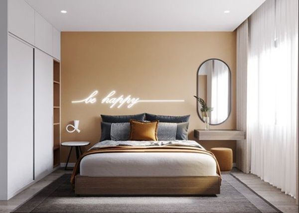Phòng ngủ có phần hiện đại hơn khi phối 3 màu: ghi – xám – nâu cam lại với nhau
